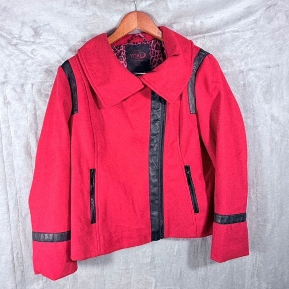Yoki Red Wool Blend Moto Jacket Faux Leather Trim Size Large